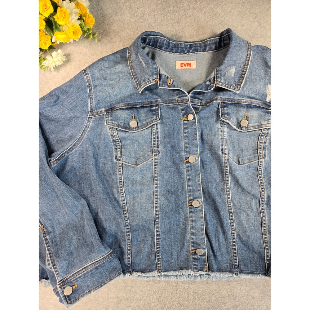 EVRI Womens Blue Distressed Casual Denim Jacket Raw Hem Cropped Jean Jacket 2XL